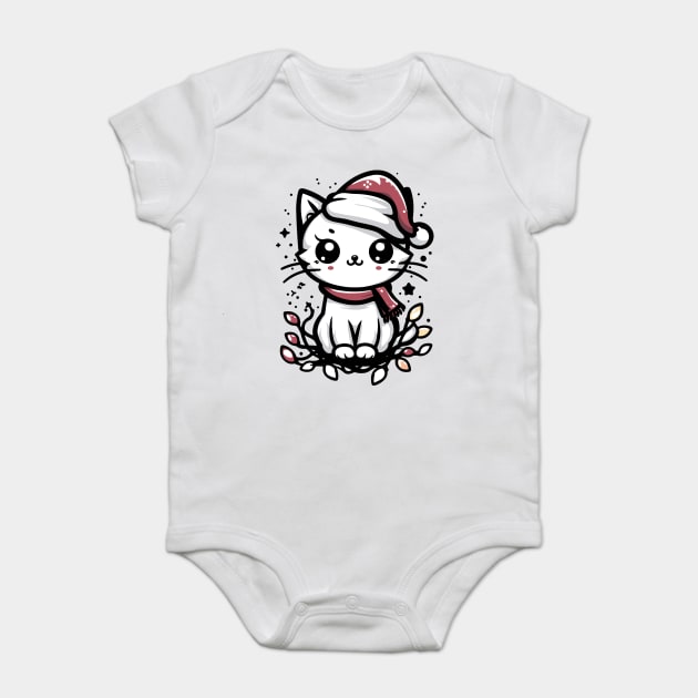 Cute Christmas Cat Santa Hat Christmas Lights Adorable Baby Bodysuit by Frank Ring